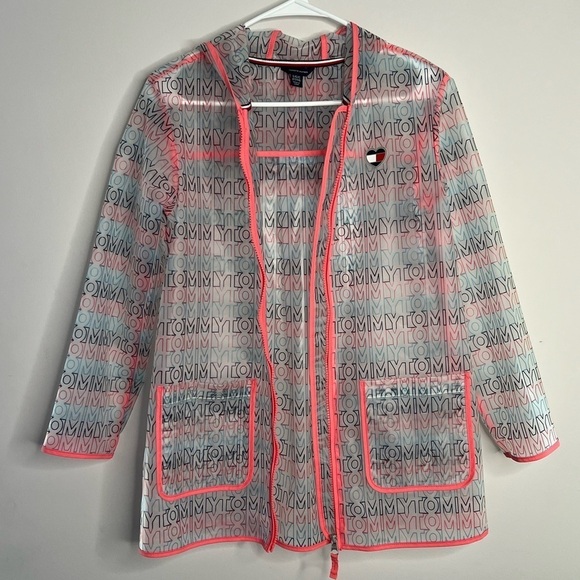 Tommy Hilfiger Girls Size 12/14 Large Clear Spell Out Logo Rain Coat Translucent - Picture 5 of 8